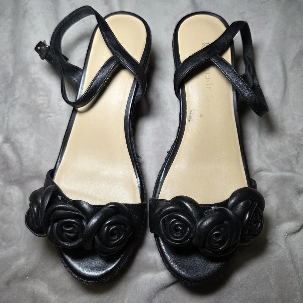 Kate Spade New York Jill Rosette Black Cream Espadrille Platform Wedge Sandals 6